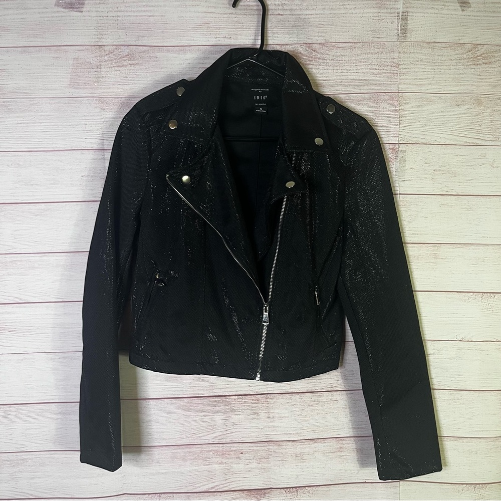 Iris Los Angeles Black Shimmer Moto Zipper Biker Jacket Size Small